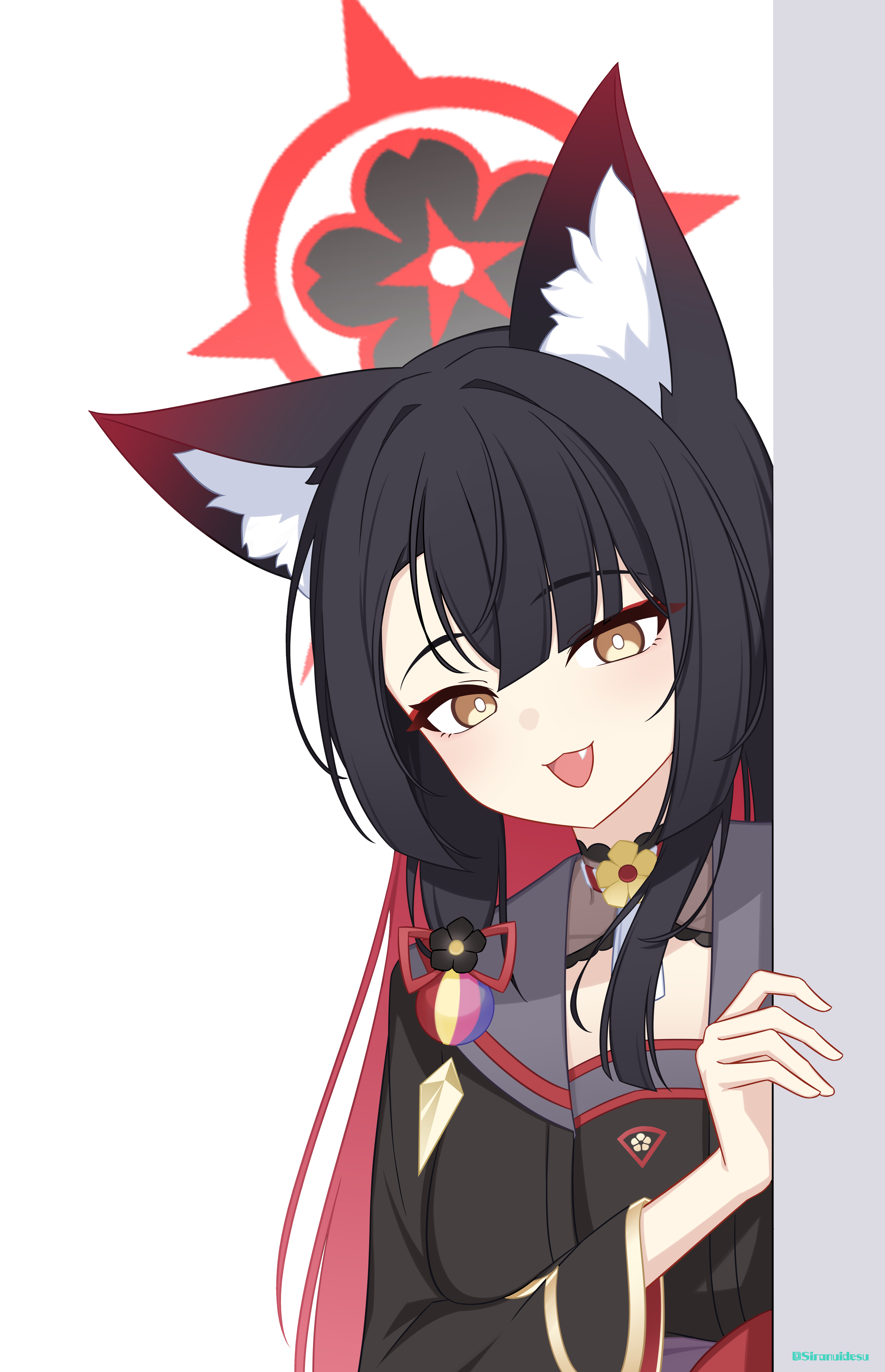 siranui desu, wakamo (blue archive), blue archive, absurdres, commentary request, highres, 1girl, animal ears, black flower, black hair, black halo, breasts, eyeshadow, fang, flower, fox ears, fox girl, hair flower, hair ornament, halo, hand up, happy, long hair, looking at viewer, makeup, medium breasts, multicolored hair, red eyeshadow, red hair, red halo, solo, two-tone hair, upper body, very long hair, yellow eyes