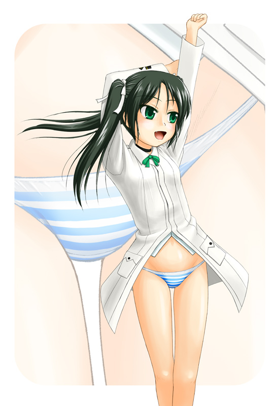 tk4, francesca lucchini, strike witches, world witches series, 00s, 1girl, black hair, choker, fang, female focus, green eyes, open mouth, panties, solo, stretching, striped clothes, striped panties, twintails, underwear, zoom layer