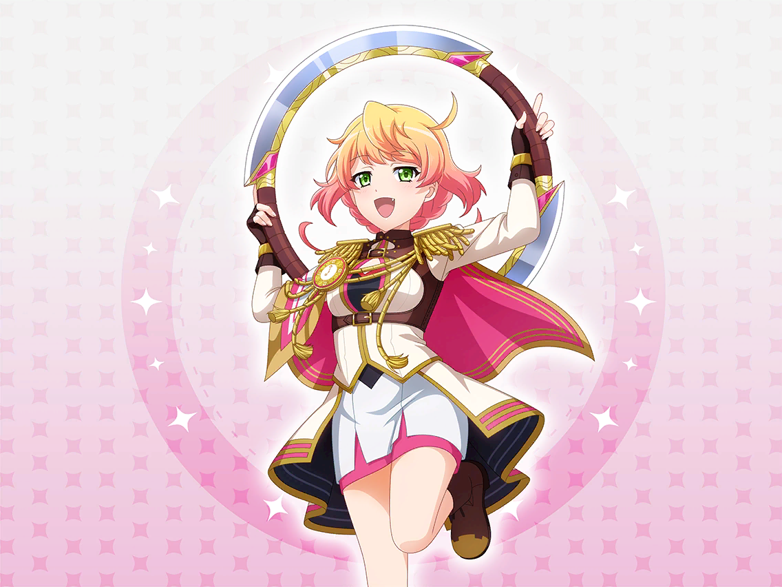 umibe minku, shoujo kageki revue starlight, shoujo kageki revue starlight -re live-, game cg, official art, 1girl, blonde hair, brown gloves, brown shoes, cape, chakram, epaulettes, fang, fingerless gloves, gloves, gradient hair, green eyes, holding, jacket, long sleeves, looking at viewer, multicolored hair, open mouth, pink cape, pink hair, shoes, skirt, solo, standing, standing on one leg, upper body, weapon, white jacket, white skirt