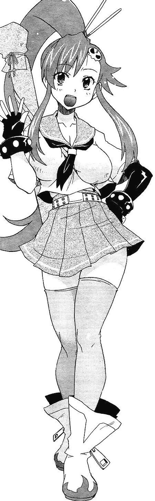 yoko littner, tengen toppa gurren lagann, highres, long image, scan, tall image, 00s, belt, breasts, cleavage, greyscale, large breasts, long hair, miniskirt, monochrome, open mouth, ponytail, school uniform, skirt, skull, solo, thighhighs, very long hair, waving, zettai ryouiki
