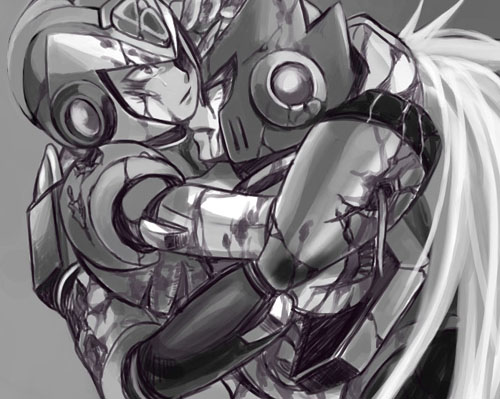 x (mega man), zero (mega man), capcom, mega man (series), mega man x (series), lowres, 2boys, bleeding, blood, comforting, damaged, dying, greyscale, hug, injury, male focus, monochrome, multiple boys, tears