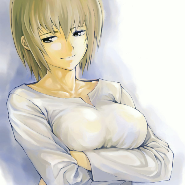 yurikawa, satou sei, maria-sama ga miteru, source request, 00s, 1girl, blue eyes, breasts, brown hair, collarbone, crossed arms, female focus, large breasts, mature female, short hair, simple background, smile, smirk, solo