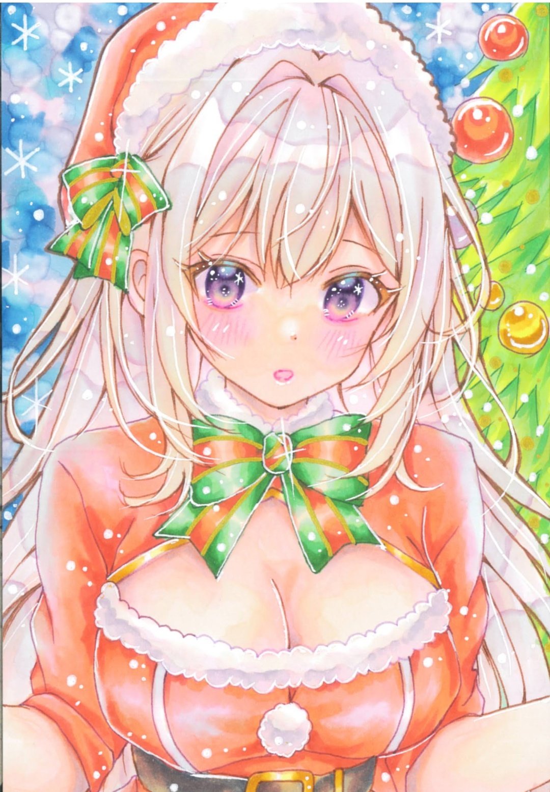 hananagi honoka, original, commentary request, highres, marker (medium), traditional media, 1girl, :o, blush, bow, bowtie, breasts, christmas ornaments, cleavage, cleavage cutout, clothing cutout, double-parted bangs, green bow, green bowtie, hair bow, hair intakes, hat, large breasts, long hair, looking at viewer, parted lips, purple eyes, red shirt, santa costume, santa hat, shirt, solo, striped bow, striped bowtie, striped clothes, upper body, white hair