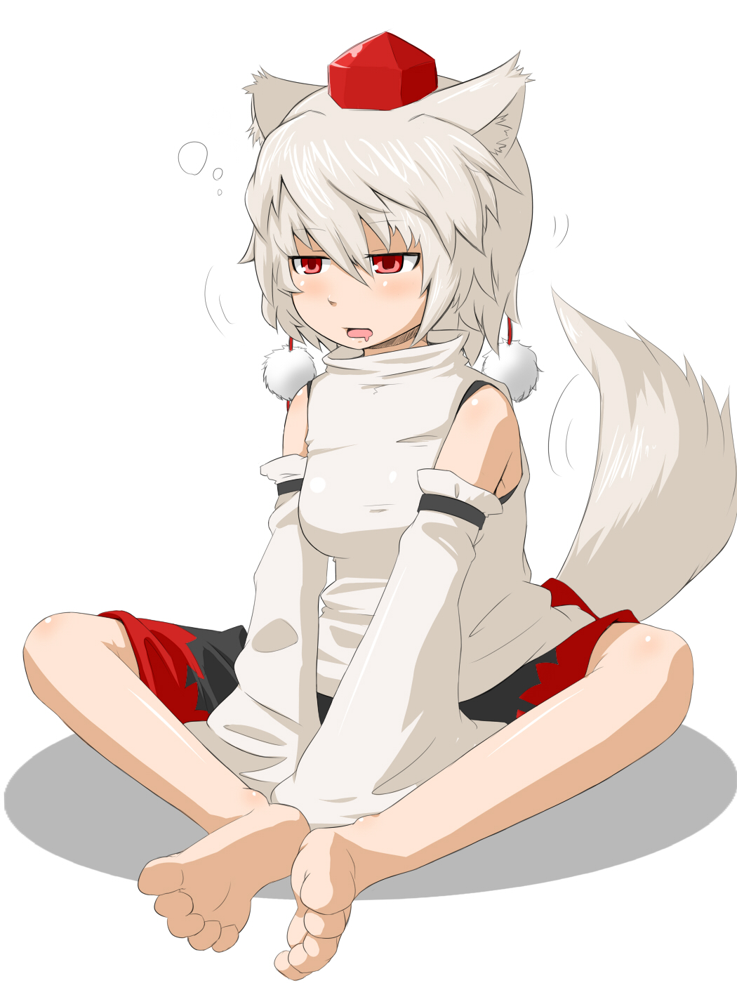 wk (low-f), inubashiri momiji, touhou, silver hair, bad id, bad pixiv id, highres, 1girl, bad anatomy, bad feet, barefoot, butterfly sitting, detached sleeves, drooling, feet, female focus, hat, jitome, open mouth, poorly drawn, red eyes, saliva, short hair, sitting, sleepy, solo, tokin hat, white background