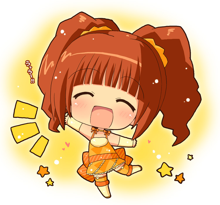 hahifuhe, takatsuki yayoi, idolmaster, idolmaster (classic), 00s, 1girl, brown hair, chibi, closed eyes, cute & girly (idolmaster), female focus, mini morning, mini morning (idolmaster), open mouth, orange hair, outstretched arms, skirt, solo, thighhighs, twintails
