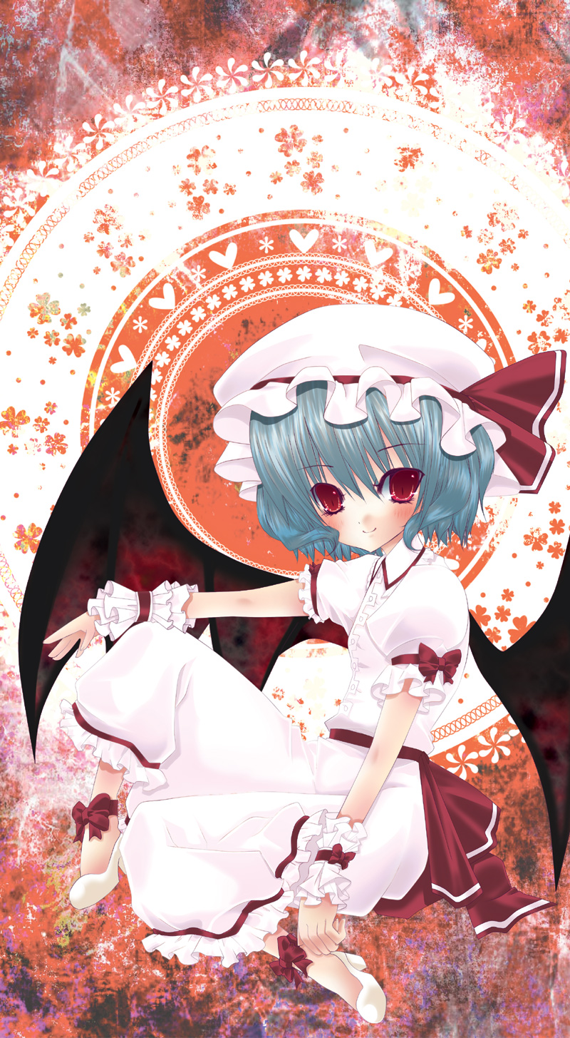 ichiru (yuzu-an), remilia scarlet, touhou, bad id, bad pixiv id, highres, 1girl, bat wings, blue hair, female focus, hat, red eyes, short hair, solo, wings