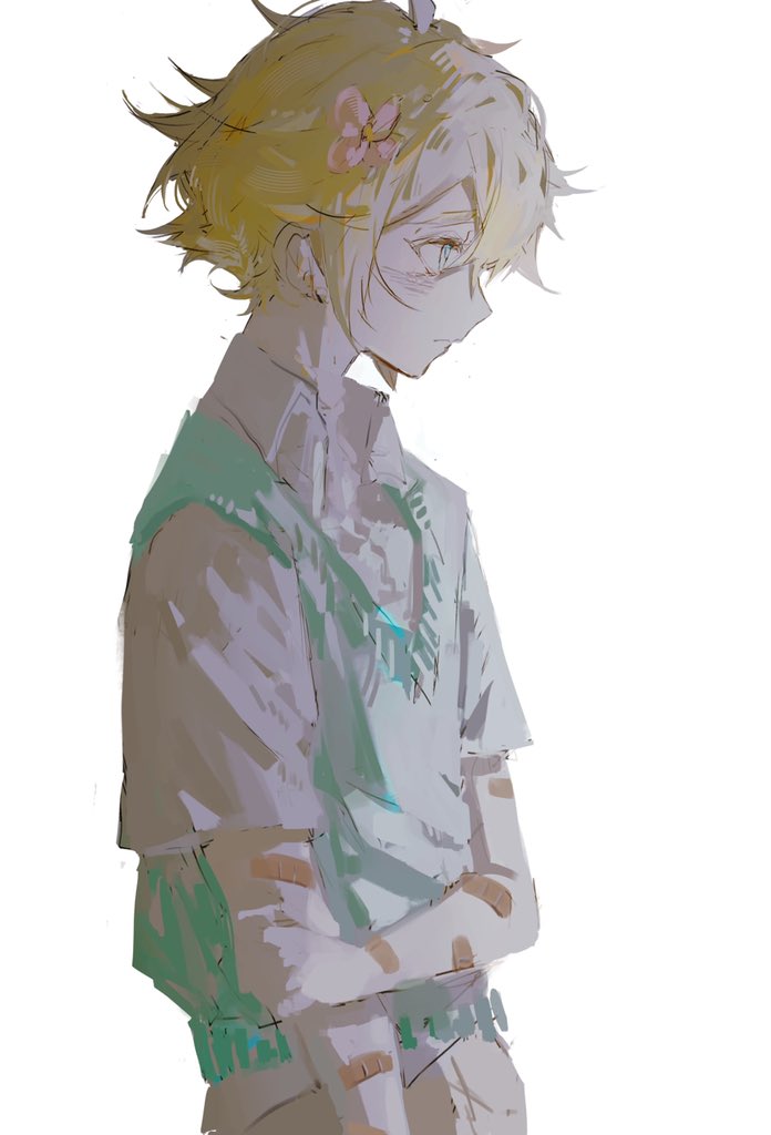 tomomu 0, basil (faraway) (omori), basil (omori), omori, commentary, symbol-only commentary, 1boy, ahoge, androgynous, bandaid, bandaid on arm, bare arms, blonde hair, blue eyes, brown pants, closed mouth, collared shirt, cowboy shot, flipped hair, from side, frown, green sweater vest, hair between eyes, hand on own arm, looking ahead, male focus, pale skin, pants, profile, raised inner eyebrows, shirt, short hair, short sleeves, sidelocks, simple background, solo, standing, sweater vest, white background, white shirt