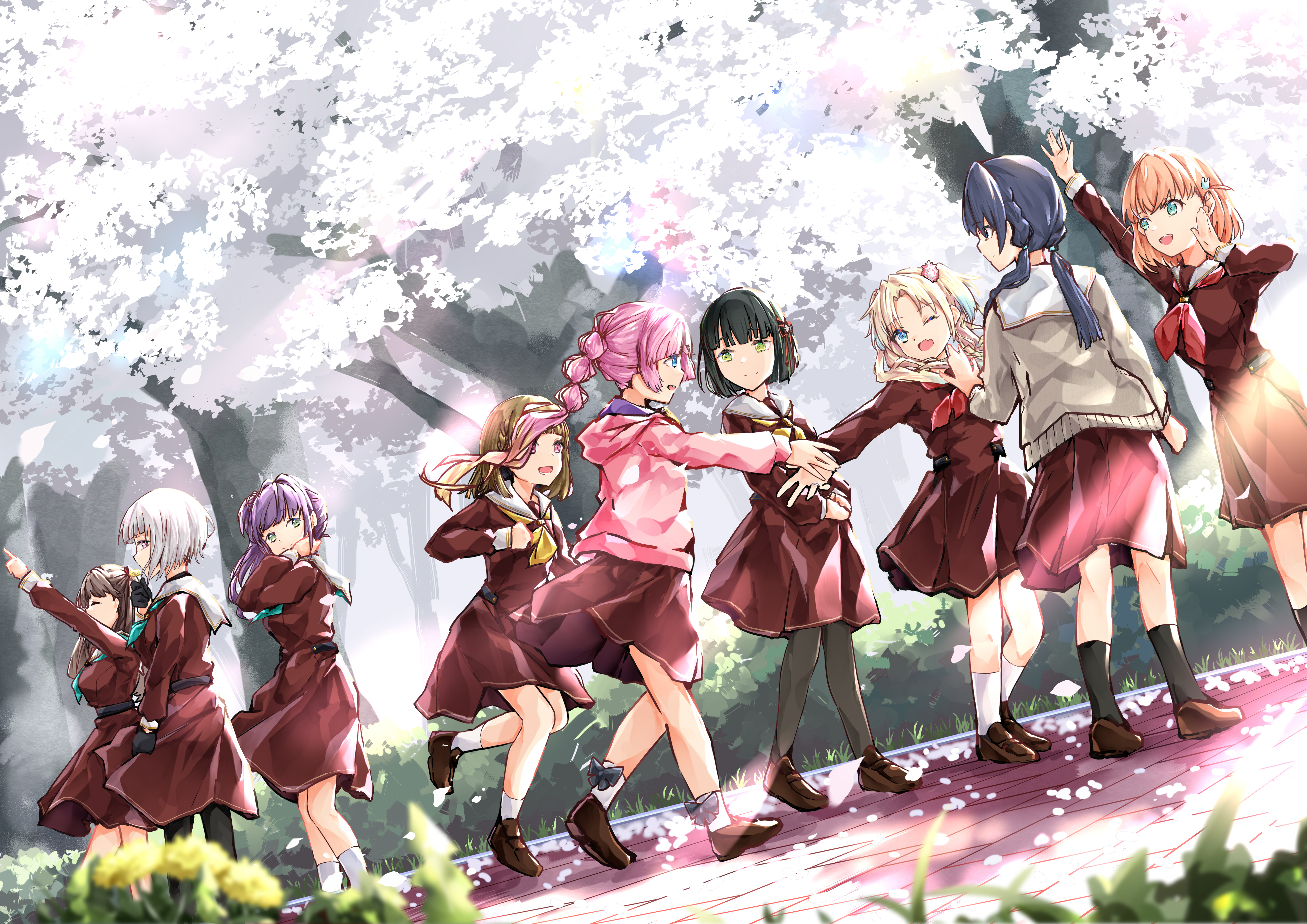 polymer77721, anyoji hime, fujishima megumi, hinoshita kaho, kachimachi kosuzu, momose ginko, murano sayaka, osawa rurino, otomune kozue, yugiri tsuzuri, link! like! love live!, love live!, absurdres, commentary request, derivative work, highres, 6+girls, aqua eyes, aqua neckerchief, arm up, black bow, black hair, black pantyhose, black socks, blonde hair, blue eyes, blue hair, blue ribbon, blunt bangs, blunt ends, bob cut, bow, bow legwear, breasts, brown dress, brown hair, brown shoes, cardigan, cherry blossoms, closed eyes, dress, dutch angle, falling petals, flower, gradient hair, green eyes, grey cardigan, hair flower, hair intakes, hair ornament, hair ribbon, hasu no sora school uniform, hood, hooded jacket, inverted bob, jacket, leg up, loafers, long hair, long sleeves, low twintails, medium breasts, medium dress, medium hair, multi-tied hair, multicolored hair, multiple girls, neckerchief, open clothes, open jacket, orange hair, outdoors, pantyhose, petals, pink eyes, pink flower, pink hair, pink jacket, pleated dress, ponytail, profile, purple hair, rabbit hair ornament, red neckerchief, ribbon, sailor collar, sailor dress, school uniform, shoes, short hair, side ponytail, sidelocks, socks, standing, twintails, two side up, virtual graduation commemoration, virtual youtuber, white hair, white sailor collar, white socks, winter uniform, yellow neckerchief