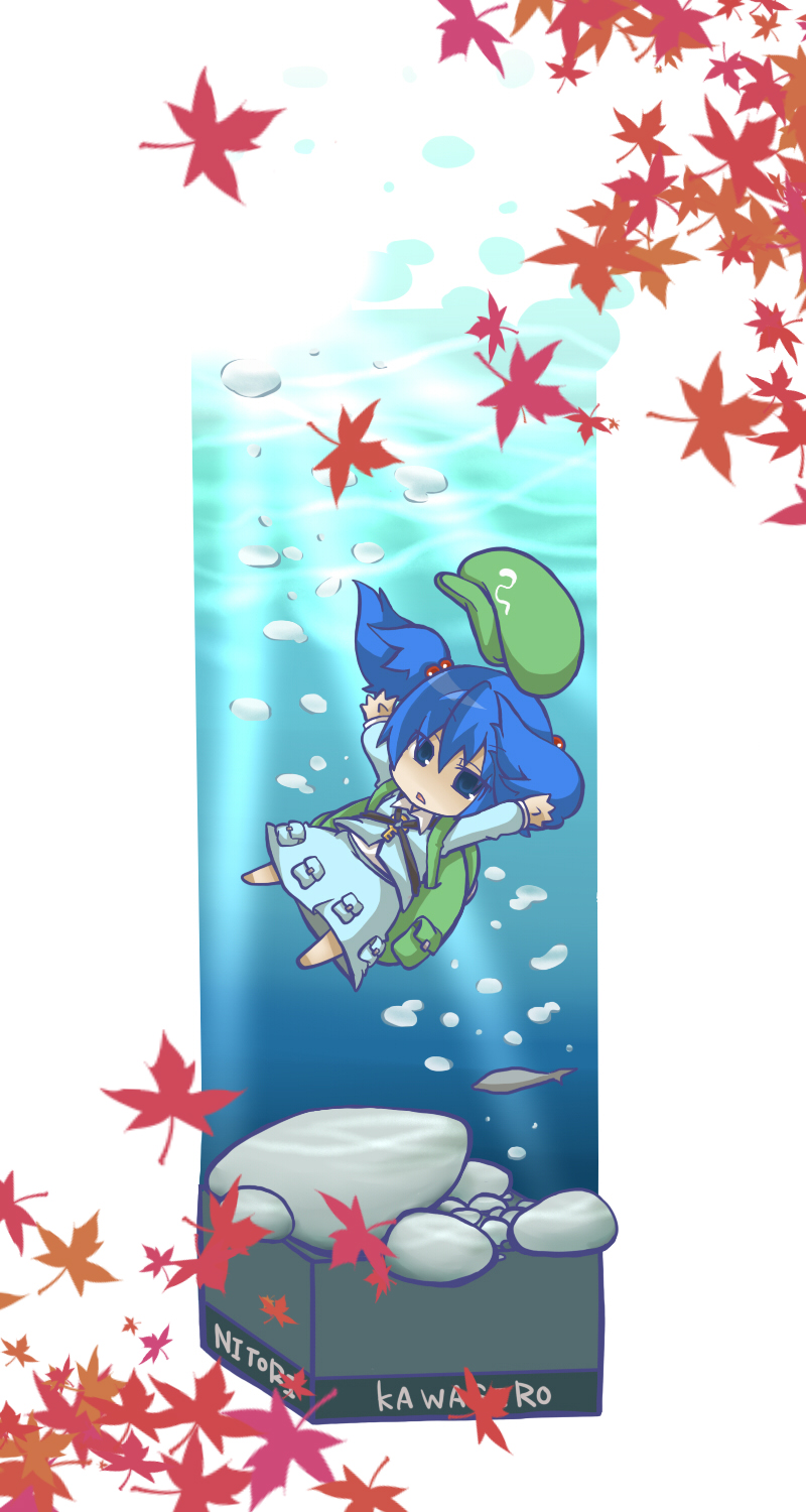 gurageida, kawashiro nitori, touhou, highres, 1girl, backpack, bag, blue eyes, blue hair, chibi, female focus, fish, hat, leaf, matching hair/eyes, nature, outdoors, plant, randoseru, rock, skirt, solo, twintails, two side up, underwater, water