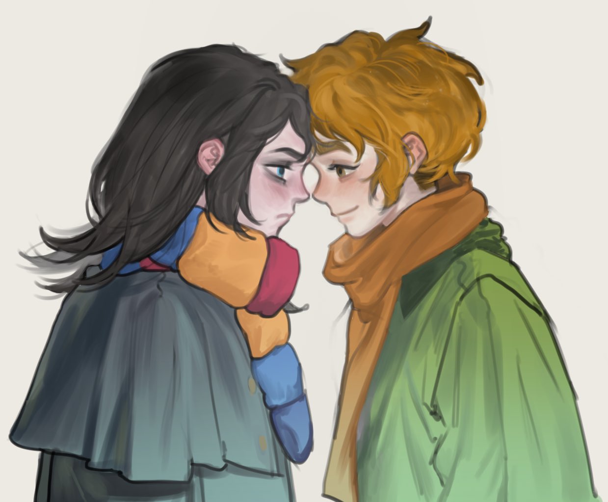 abaddon (haunted hotel), esther freeling, haunted hotel, hashtag-only commentary, 1boy, 1girl, black hair, blue coat, blue eyes, brown eyes, coat, eye contact, forehead-to-forehead, green coat, heads together, long hair, looking at another, looking to the side, orange hair, rickorty 08, scarf, short hair, simple background, upper body