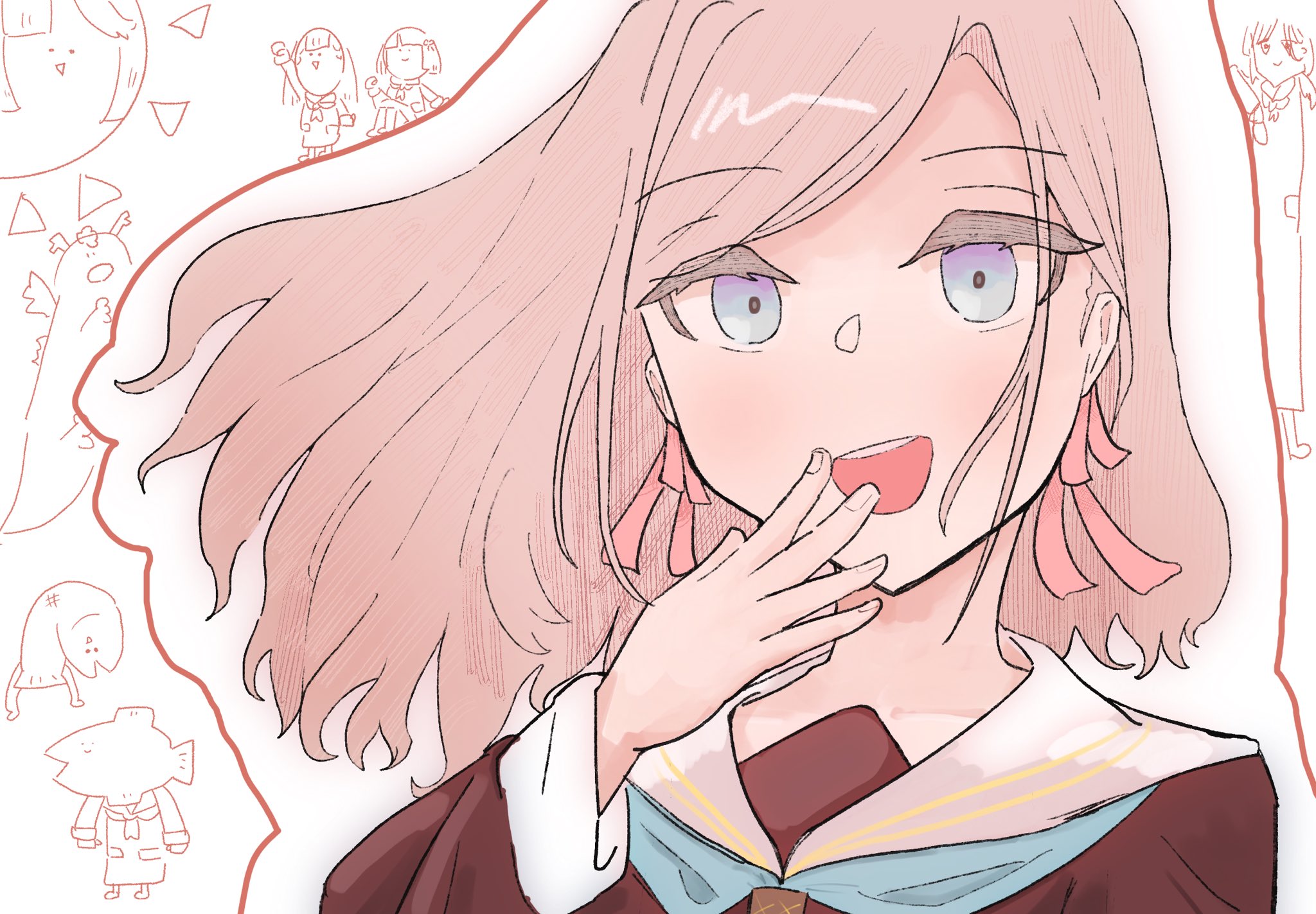 anyoji hime, ceras yanagida lilienfeld, kachimachi kosuzu, katsuragi izumi, momose ginko, link! like! love live!, love live!, commentary, highres, 1girl, :d, a vabo., aqua neckerchief, brown dress, doodle inset, dress, fish head, fish with legs, grey hair, hair ribbon, hand to own mouth, hasu no sora school uniform, long hair, long sleeves, neckerchief, objectification, open mouth, pink ribbon, ribbon, sailor collar, sailor dress, school uniform, smile, solo, sun with face, teeth, upper teeth only, virtual youtuber, white sailor collar, winter uniform