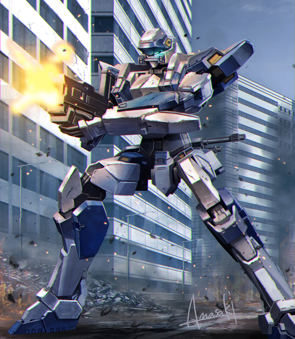 amasaki yusuke, arm slave (mecha), arx-7 arbalest, full metal panic!, building, city, firing, glowing, glowing eye, gun, holding, holding gun, holding weapon, lamppost, mecha, mecha focus, no humans, outdoors, robot, science fiction, signature, weapon