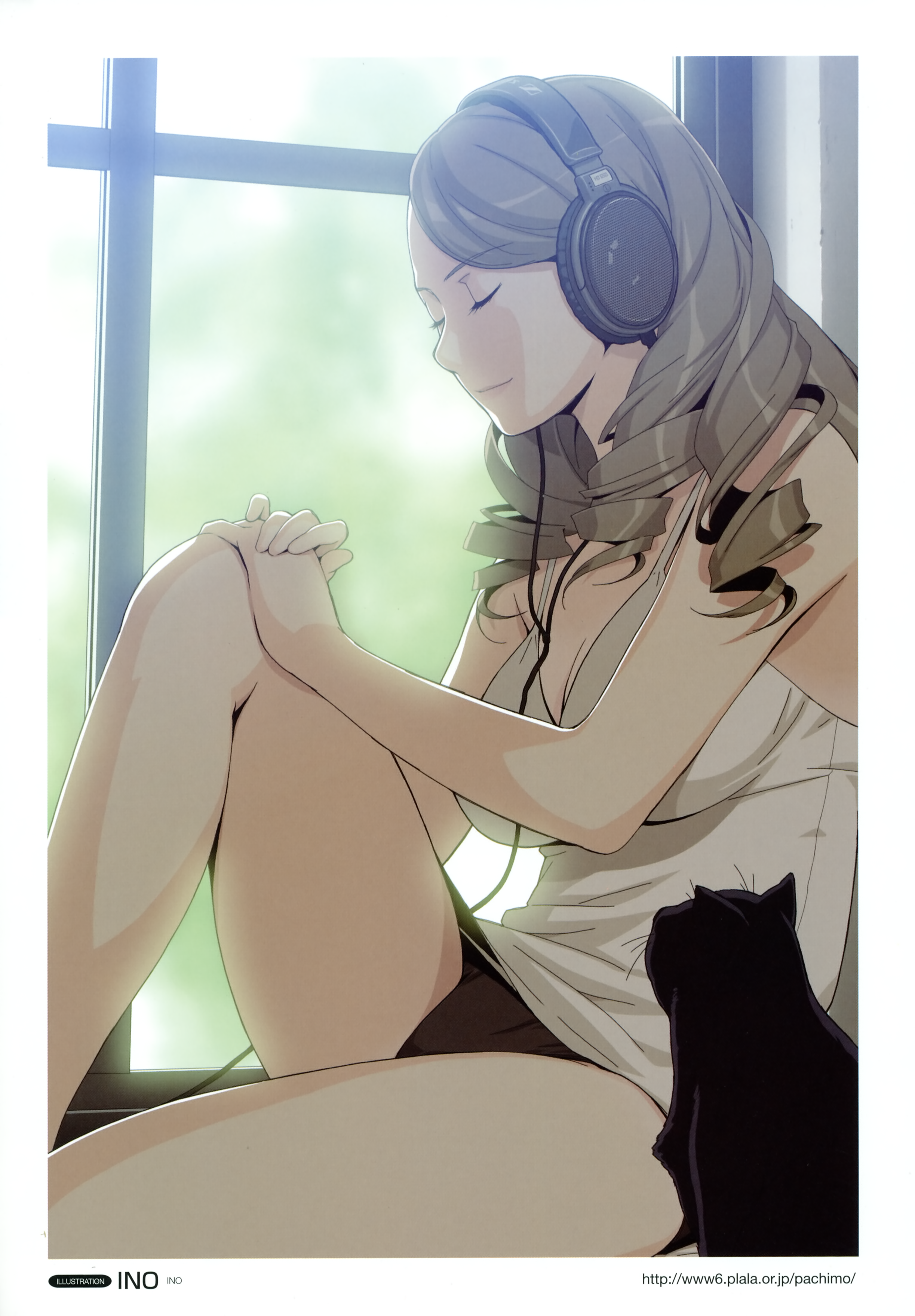 ino (magloid), original, sennheiser, absurdres, highres, scan, 1girl, breasts, brown hair, camisole, cat, closed eyes, curly hair, female focus, hand on own knee, headphones, large breasts, listening to music, long hair, panties, ringlets, sitting, smile, solo, underwear, underwear only, watermark, web address, window