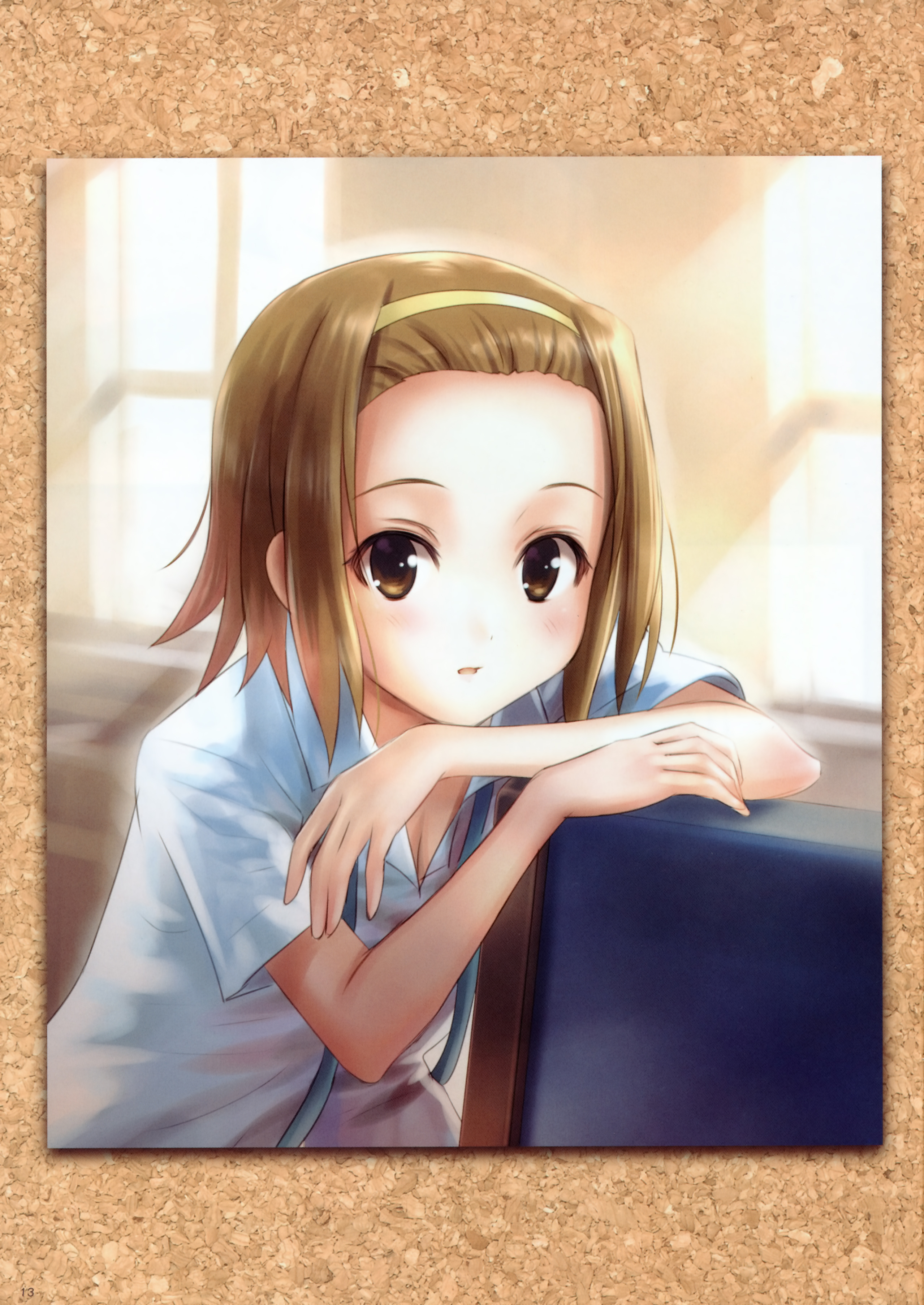 goto p, tainaka ritsu, k-on!, absurdres, highres, scan, 00s, 1girl, breasts, brown eyes, brown hair, cleavage, female focus, hairband, indoors, school uniform, short hair, small breasts, solo