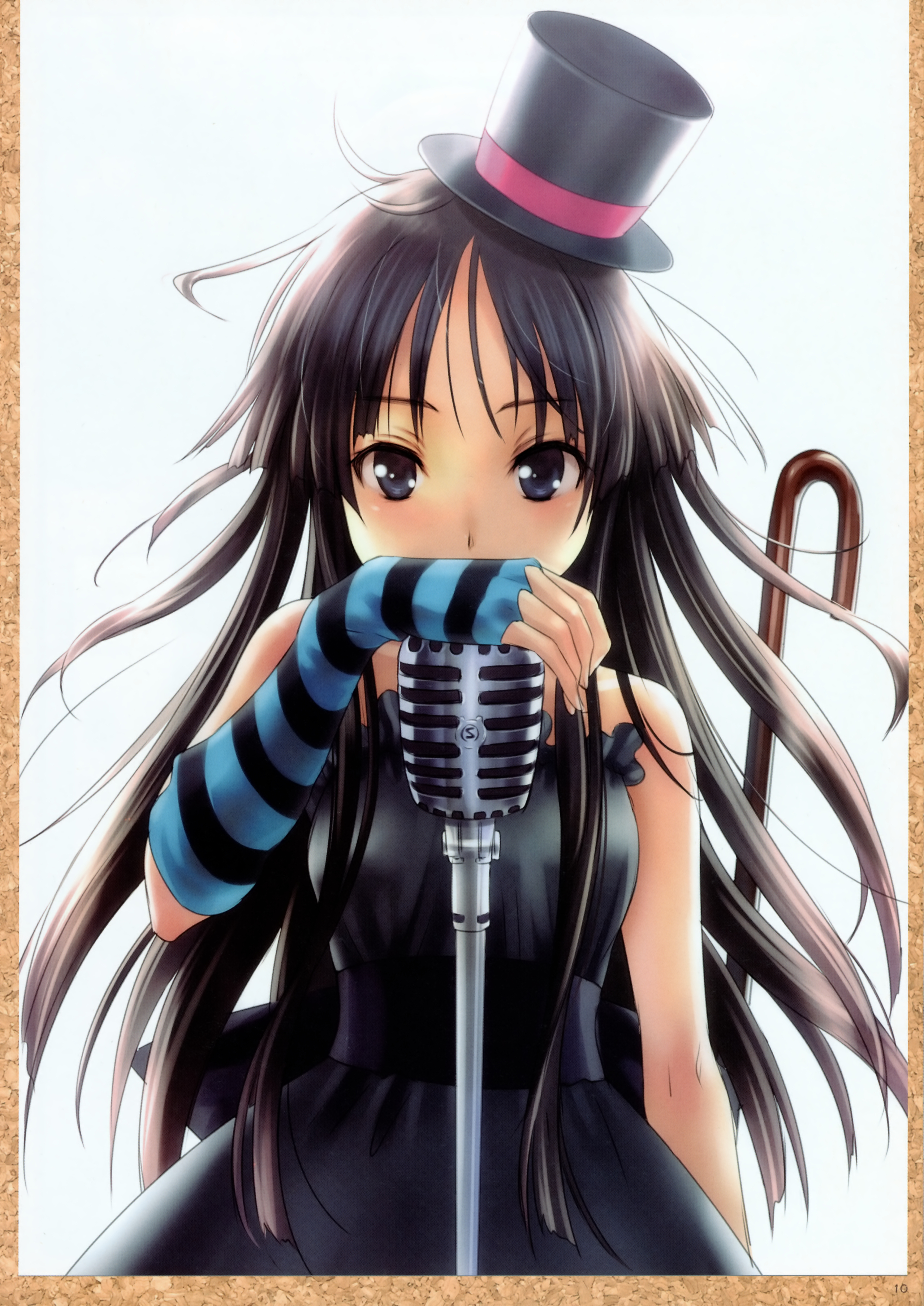 goto p, akiyama mio, don't say "lazy", k-on!, striped, absurdres, highres, scan, 00s, 1girl, black eyes, black hair, blunt bangs, dress, female focus, fingerless gloves, gloves, hat, hime cut, long hair, microphone, microphone stand, mini hat, mini top hat, solo, top hat