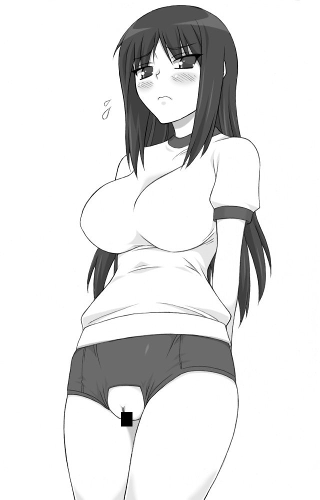 shichimenchou, kurusugawa ayaka, to heart, to heart (series), blush, breasts, buruma, censored, greyscale, gym uniform, impossible clothes, impossible shirt, large breasts, long hair, monochrome, pussy, shirt, simple background, solo
