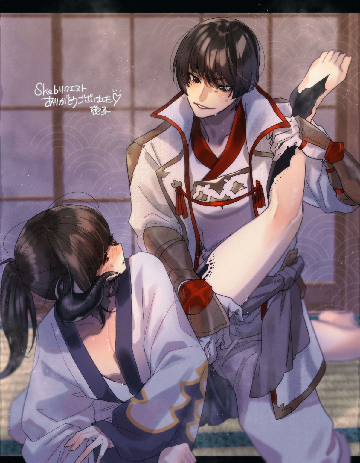 kanda a, asahi sas brutus, warrior of light (ff14), final fantasy, final fantasy xiv, commission, commissioner upload, highres, skeb commission, 1boy, 1other, armor, au ra, black eyes, black hair, black horns, black scales, blush, bowl cut, brown hair, dragon horns, gloves, grabbing another's leg, high ponytail, horns, hyur, izumi tol amulius, japanese armor, japanese clothes, kimono, long hair, ponytail, red eyes, red trim, scales, sex, short hair, shouji, sliding doors, smile, tatami, yukata
