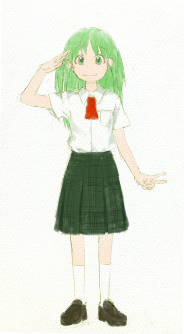 hyenonso, hyeonso, koiwai yotsuba, yotsubato!, bad id, bad pixiv id, 1girl, aged up, alternate hairstyle, female focus, green eyes, green hair, long hair, matching hair/eyes, salute, school uniform, sketch, solo, v