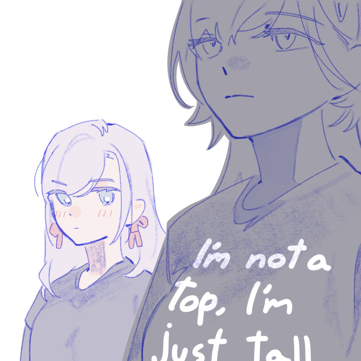 pipi (m1x mix), ceras yanagida lilienfeld, katsuragi izumi, link! like! love live!, love live!, commentary, english commentary, highres, 2girls, black shirt, blue eyes, blush, breasts, closed mouth, clothes writing, edel note, english text, frown, grey hair, hair ribbon, looking at another, looking up, medium breasts, multiple girls, partially colored, pink ribbon, ribbon, shirt, simple background, t-shirt, tall female, virtual youtuber, white background