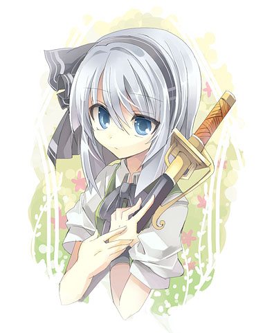 fruit punch, konpaku youmu, touhou, silver hair, lowres, 1girl, blue eyes, female focus, hairband, sheath, sheathed, solo, sword, upper body, weapon, white background