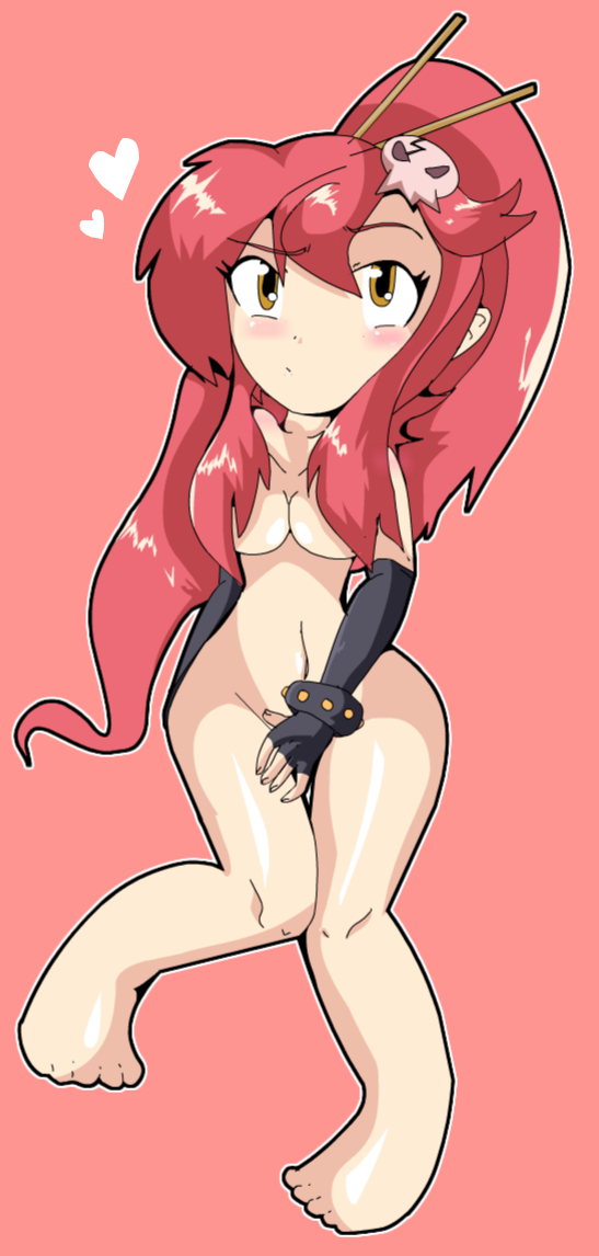 yoko littner, tengen toppa gurren lagann, chibi, covering crotch, covering privates, elbow gloves, gloves, hair over breasts, heart, long hair, navel, nude, quality, red hair, skull, solo, very long hair