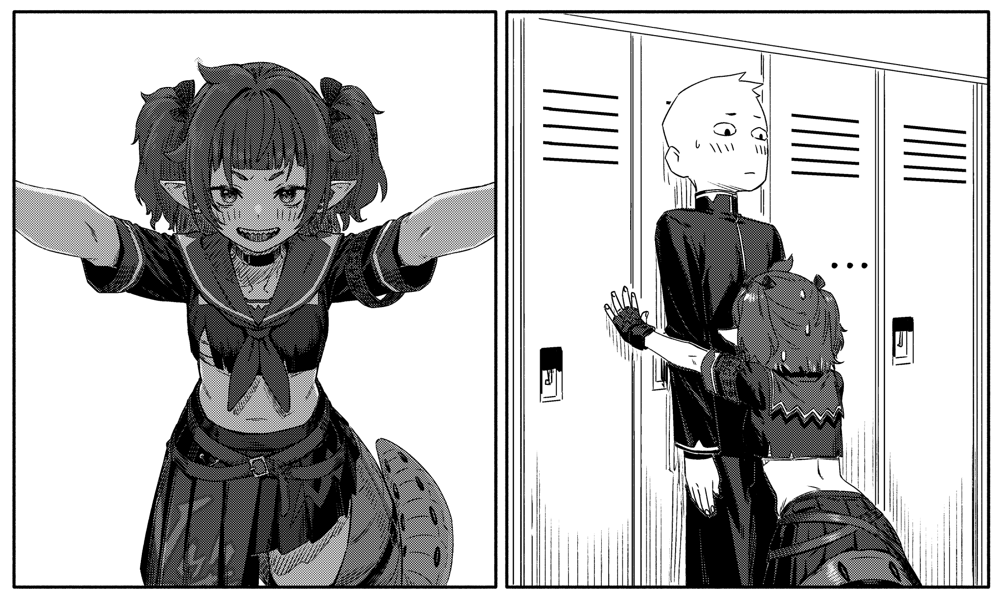 agemmata, nitya nil, phase connect, highres, …, 1boy, 1girl, :d, against wall, armband, belt, blush, chest sarashi, crocodile girl, crocodilian tail, crop top, fingerless gloves, gakuran, gloves, greyscale, height difference, kabedon, locker, midriff, monochrome, navel, neckerchief, open mouth, pleated skirt, pointy ears, sarashi, school uniform, serafuku, sharp teeth, short hair, short sleeves, skirt, smile, sweatdrop, tail, teeth, twintails, virtual youtuber