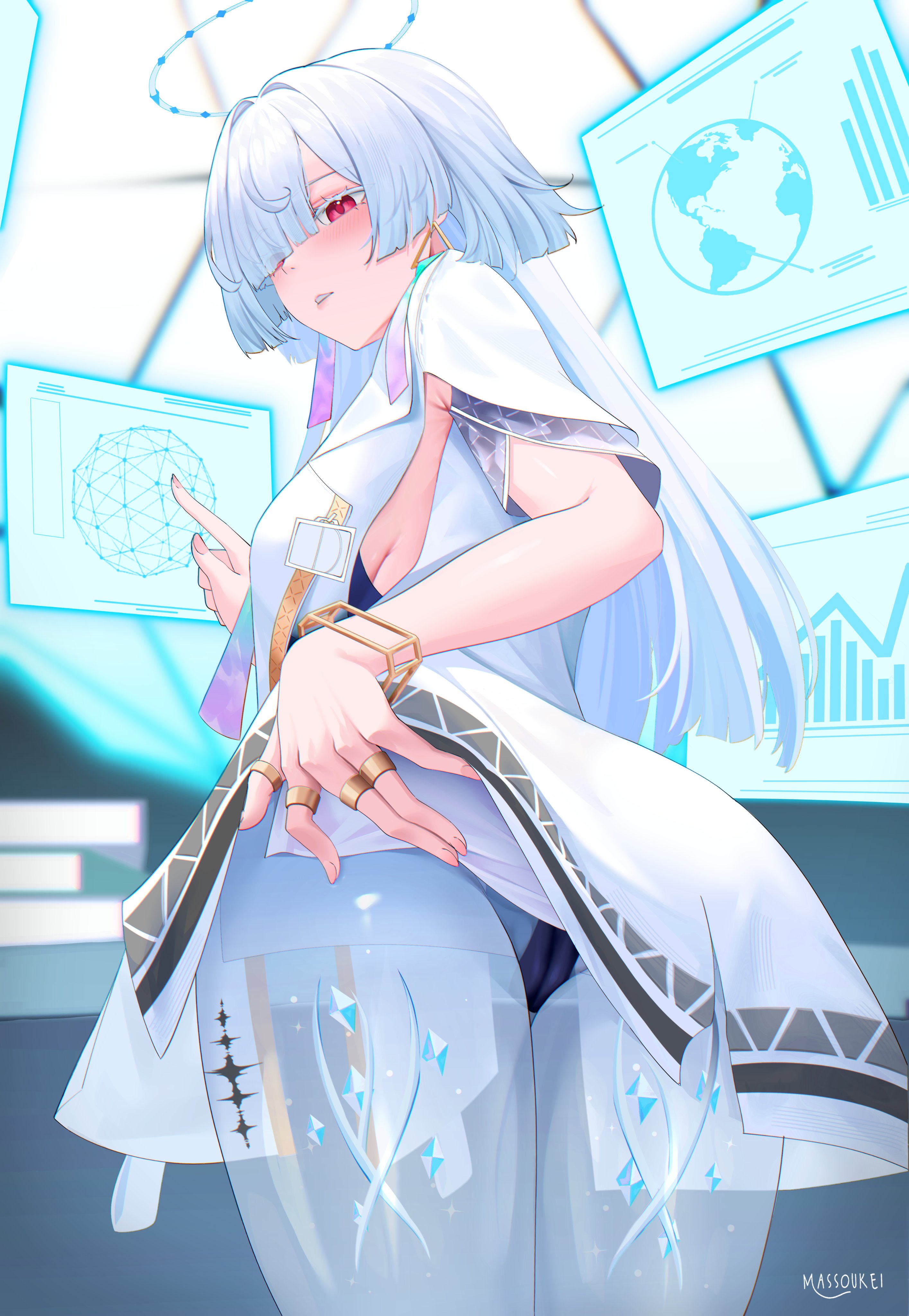 massoukei, mornye (wuthering waves), wuthering waves, absurdres, commentary, english commentary, highres, 1girl, artist name, blush, breasts, cameltoe, colored eyelashes, dress, earrings, eyes visible through hair, fingernails, from behind, hair over one eye, halo, holographic interface, id card, jacket, jewelry, leaning forward, looking at viewer, looking back, medium breasts, meme, multiple rings, parted lips, purple dress, red eyes, ring, see-through body, short dress, solo, thighs, triangle earrings, white jacket, wilhelmina stretch (meme)