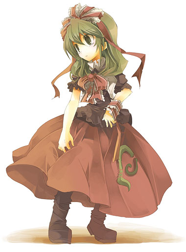 fruit punch, kagiyama hina, touhou, 1girl, boots, bow, female focus, frills, front ponytail, full body, green eyes, green hair, lolita fashion, long hair, long skirt, matching hair/eyes, ribbon, simple background, skirt, solo, standing, wrist cuffs