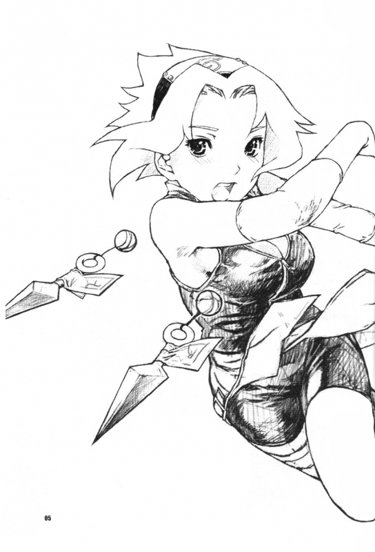 nekomata naomi, haruno sakura, naruto (classic), naruto (series), greyscale, kunai, monochrome, open mouth, solo, weapon