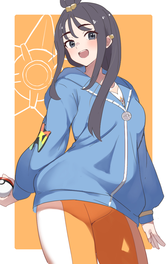 soyo1558686, lida (pokemon), staryu, nintendo, pokemon, pokemon legends: z-a, commentary request, 1girl, :d, black hair, blue jacket, border, breasts, contrapposto, cowboy shot, cube hair ornament, gen 1 pokemon, hair ornament, holding, holding poke ball, hood, hood down, hooded jacket, jacket, long hair, long sleeves, looking at viewer, medium breasts, open mouth, orange background, orange leggings, outside border, poke ball, poke ball (basic), smile, solo, standing, teeth, upper teeth only, white border