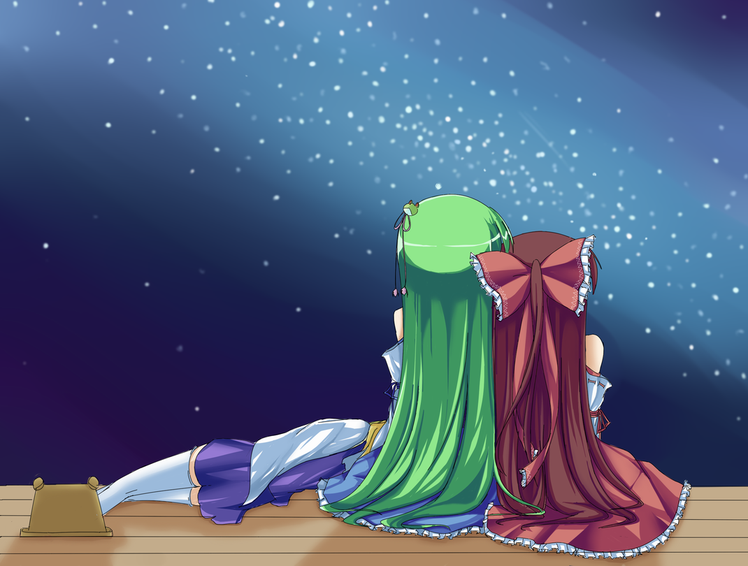 amemiya ruki, luky, hakurei reimu, kochiya sanae, moriya suwako, touhou, 3girls, bare shoulders, brown hair, female focus, from behind, green hair, hair ornament, hat, japanese clothes, lap pillow, long hair, lying, multiple girls, night, night sky, on side, ponytail, porch, ribbon, sitting, sky, sleeping, star (sky), star (symbol), starry sky, thighhighs, veranda, very long hair, yuri