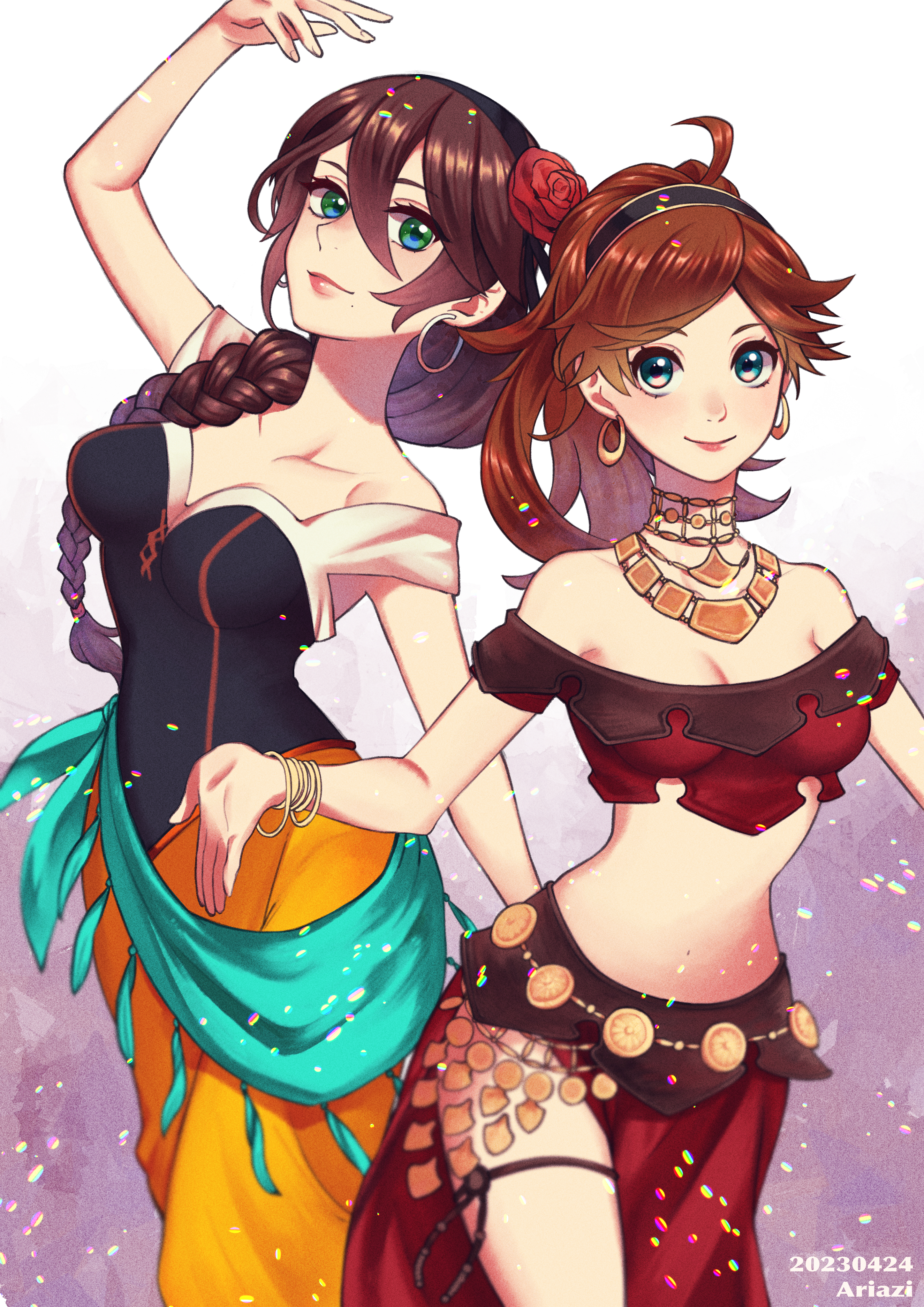 ariazi, agnea bristarni, primrose azelhart, octopath traveler, octopath traveler i, octopath traveler ii, absurdres, commentary request, highres, 2girls, agnea bristarni (cosplay), black hairband, blue eyes, bracelet, braid, braided ponytail, breasts, brown hair, cleavage, closed mouth, collarbone, cosplay, costume switch, dancer, dated, dated commentary, earrings, flower, hair between eyes, hairband, hoop earrings, jewelry, large breasts, long hair, looking at viewer, multiple bracelets, multiple girls, primrose azelhart (cosplay), red flower, red rose, rose, smile, standing