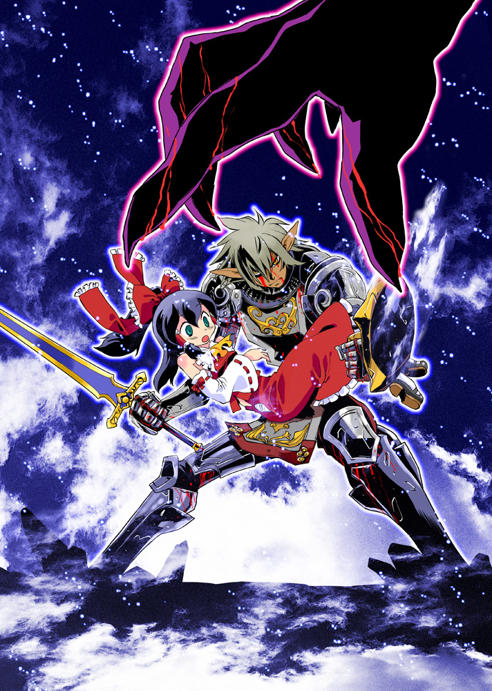 makaron, shosuha, buront, elvaan, hakurei reimu, paladin (final fantasy), final fantasy, final fantasy xi, the iron of yin and yang, touhou, 00s, 1boy, 1girl, couple, crossover, elf, height difference, hetero, manly, paladin, pointy ears, size difference