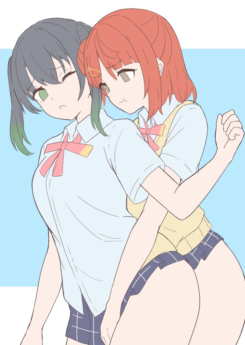 soyo1558686, takasaki yu, uehara ayumu, love live!, love live! nijigasaki high school idol club, commentary request, 2girls, :t, black hair, black skirt, blue shirt, breasts, brown eyes, closed mouth, colored tips, cowboy shot, gradient hair, green eyes, green hair, hair bun, large breasts, medium hair, microskirt, multicolored hair, multiple girls, neck ribbon, nijigasaki school uniform, one eye closed, orange hair, pink ribbon, pleated skirt, pout, raised inner eyebrows, ribbon, school uniform, shirt, short sleeves, single side bun, skirt, sweater vest, twintails, yellow sweater vest, yuri