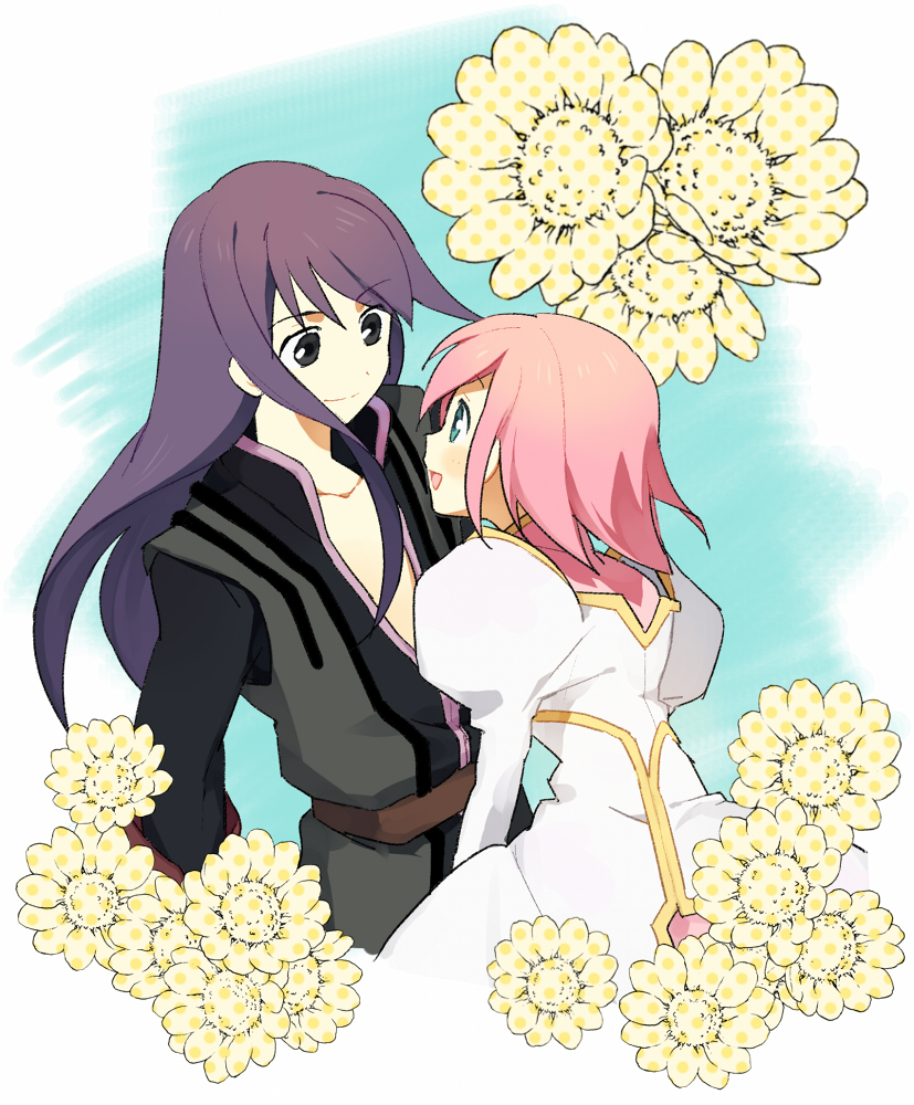 mozu (modagoro), estellise sidos heurassein, yuri lowell, tales of (series), tales of vesperia, bad id, bad pixiv id, 00s, 1boy, 1girl, black eyes, black hair, flower, green eyes, long hair, open mouth, pink hair, short hair, smile