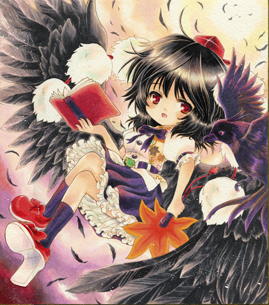 sakurai tamako, tama tamako sakurai, shameimaru aya, touhou, bad id, bad pixiv id, traditional media, 1girl, bird, black hair, black wings, crow, feathers, female focus, geta, hat, looking at viewer, notebook, open mouth, red eyes, shikishi, short hair, solo, tengu-geta, tokin hat, wings