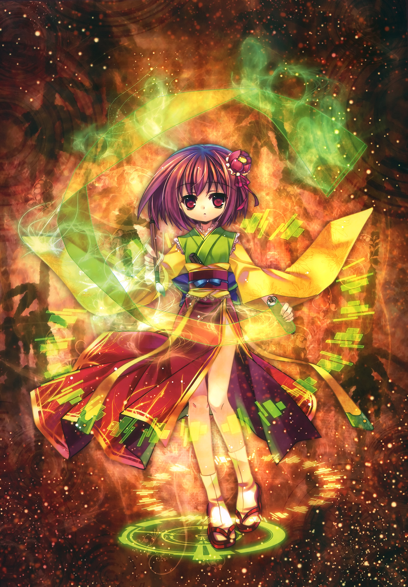 capura lin, hieda no akyuu, touhou, highres, 1girl, female focus, flower, full body, hair flower, hair ornament, japanese clothes, legs, plant, purple eyes, purple hair, sandals, short hair, solo, standing, tabi