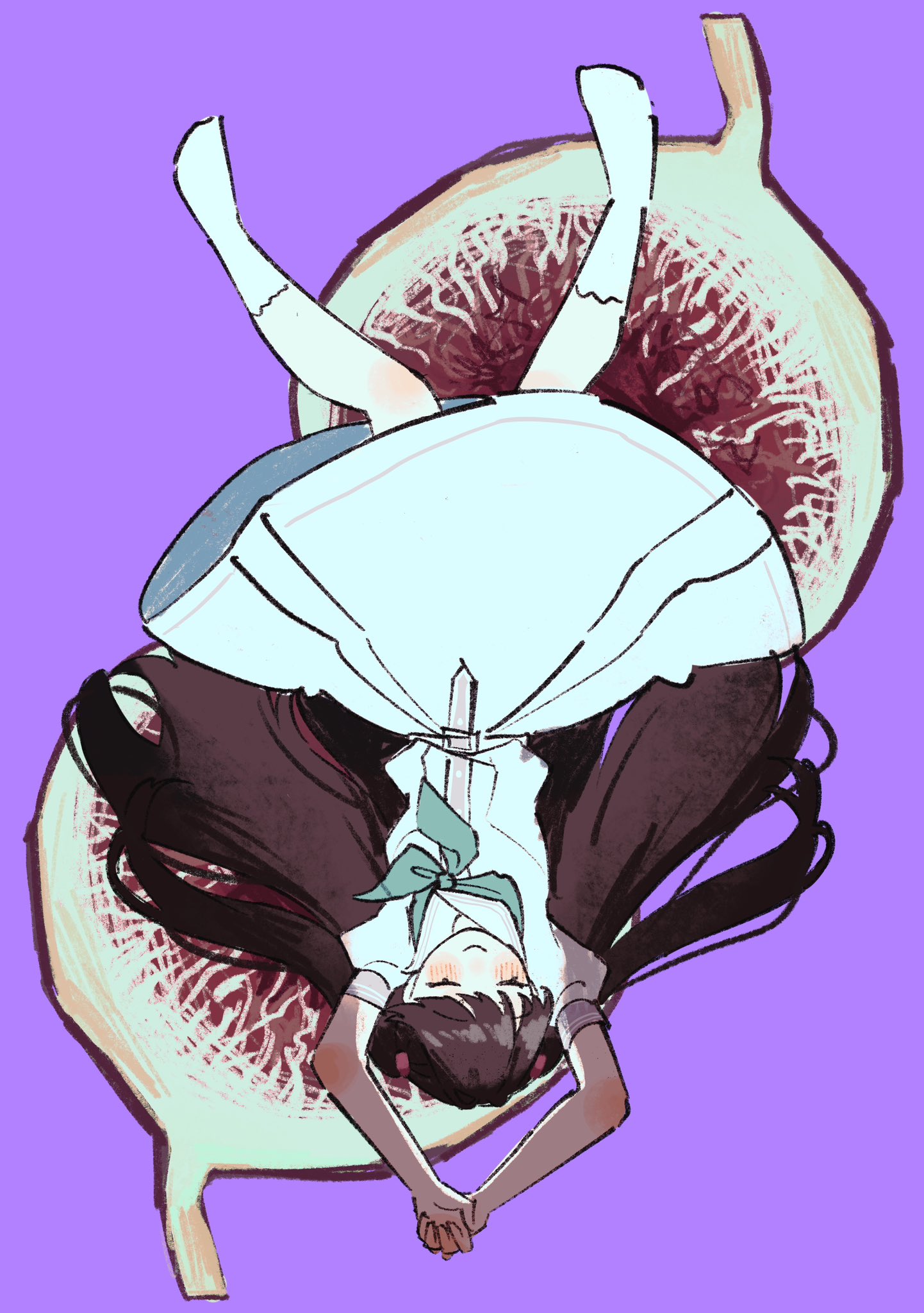 stew youbi, fujishima megumi, link! like! love live!, love live!, commentary request, highres, 1girl, aqua neckerchief, arms up, blush, brown hair, closed eyes, closed mouth, dress, fig, food, fruit, hair spread out, hasu no sora school uniform, long hair, medium dress, neckerchief, no shoes, pleated dress, puffy short sleeves, puffy sleeves, purple background, sailor dress, school uniform, short sleeves, smile, socks, solo, summer uniform, two side up, upside-down, very long hair, virtual youtuber, white dress, white socks