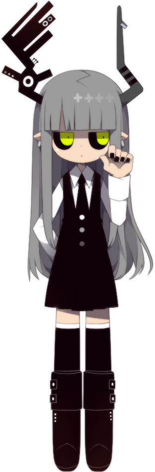 funamusea (artist), kurotsuno, funamusea, sutare yume, official art, asymmetrical horns, black boots, black sclera, black skirt, black vest, boots, colored sclera, demon girl, full body, grey hair, hime cut, horns, long hair, necktie, shirt, simple background, skirt, standing, vest, white background