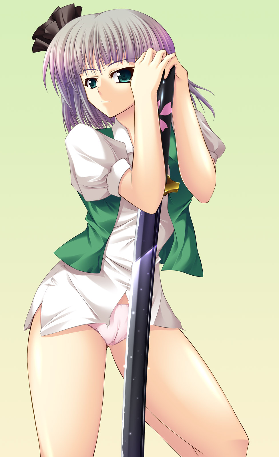 aoi ichigo, konpaku youmu, touhou, highres, 1girl, aged up, bottomless, cameltoe, female focus, gradient background, green eyes, katana, no pants, panties, ribbon, short hair, solo, sword, underwear, weapon