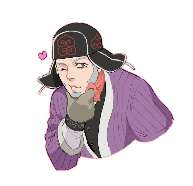 foxvulpine, shiraishi yoshitake, golden kamuy, commentary request, 1boy, black hat, buzz cut, grey hair, grey mittens, hand on own chin, hat, jacket, long sleeves, male focus, mittens, one eye closed, parted lips, purple jacket, short hair, simple background, solo, very short hair, white background