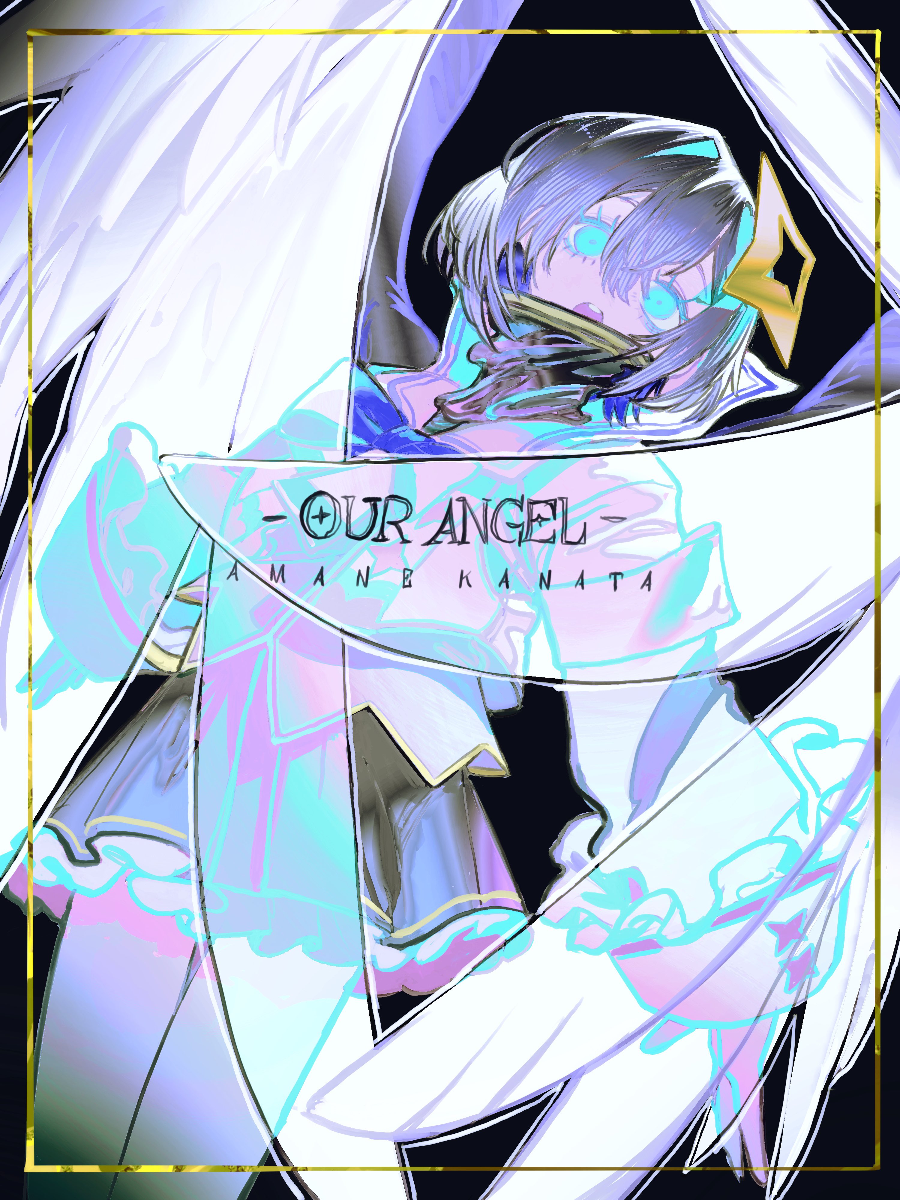 pungson mori, amane kanata, hololive, absurdres, commentary, highres, symbol-only commentary, 1girl, :o, angel, angel wings, aqua eyes, aqua outline, black background, blue bow, bow, character name, gold halo, hair intakes, halo, medium hair, outline, sailor collar, star halo, teeth, upper teeth only, virtual graduation commemoration, white hair, white wings, wings