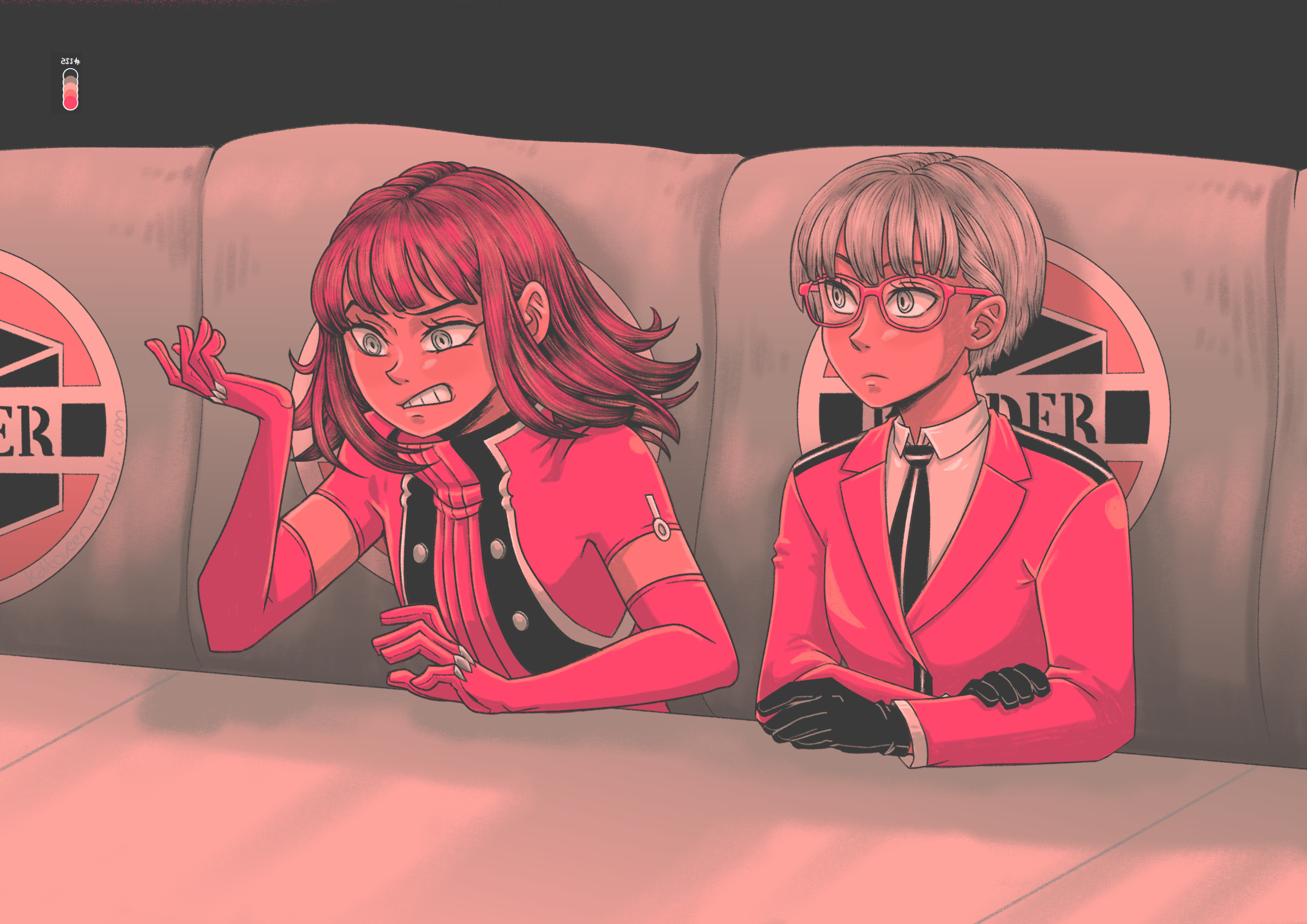 katori youko, somei hana, world trigger, commentary, english commentary, highres, 2girls, angry, black gloves, black necktie, bob cut, border operator uniform (world trigger), brown hair, clenched teeth, collared shirt, couch, dress shirt, glasses, gloves, jacket, kaitoleen, katori squad's uniform, limited palette, long hair, long sleeves, looking at another, multiple girls, necktie, red gloves, red hair, red jacket, shirt, short hair, sitting, table, teeth, white shirt