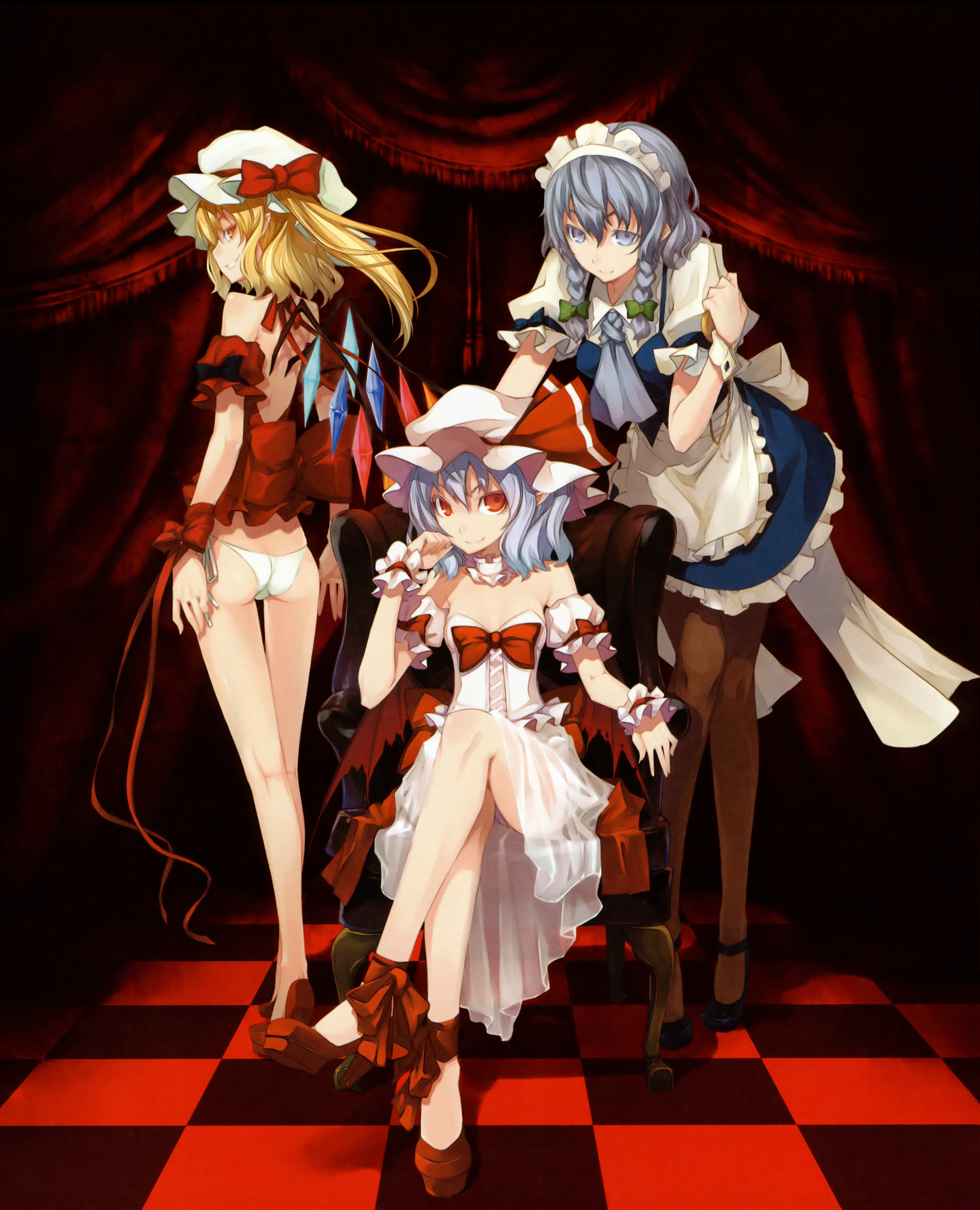 shingo (missing link), flandre scarlet, izayoi sakuya, remilia scarlet, embodiment of scarlet devil, touhou, silver hair, absurdres, highres, scan, 3girls, adapted costume, ass, bare shoulders, bat wings, blonde hair, blue eyes, blue hair, bottomless, braid, colored eyelashes, crossed legs, curtains, dress, eyelashes, female focus, from behind, grin, hat, high heels, lingerie, maid, maid headdress, multiple girls, no pants, panties, pantyhose, pantyshot, ponytail, red eyes, see-through clothes, shoes, short hair, side-tie panties, side ponytail, sitting, smile, thigh gap, thighs, twin braids, underwear, white panties, wings