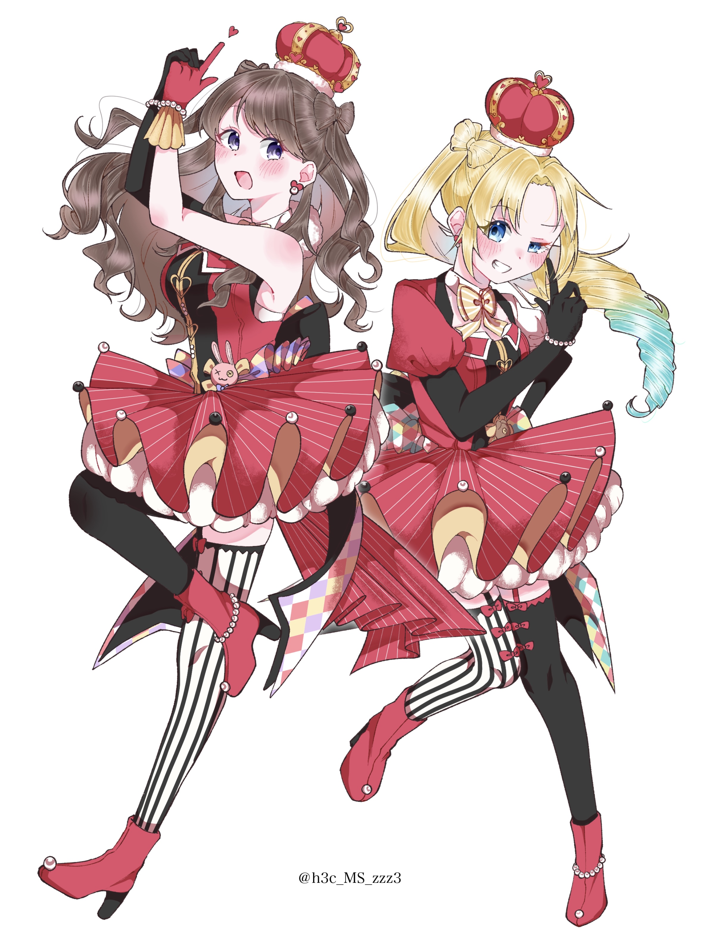 riarii (h3c ms zzz3), fujishima megumi, osawa rurino, link! like! love live!, love live!, absurdres, commentary request, highres, 2girls, :d, arched crown, asymmetrical gloves, asymmetrical sleeves, bare shoulders, black gloves, black thighhighs, blonde hair, blue eyes, blue hair, boots, bow-shaped hair, breasts, brown hair, crown, dress, drill hair, earrings, elbow gloves, finger gun, full body, garter straps, gloves, gradient hair, grin, heart, heart earrings, high heel boots, high heels, jewelry, large breasts, leg up, looking at viewer, mismatched gloves, mismatched sleeves, mismatched thighhighs, multicolored hair, multiple girls, official alternate costume, open mouth, puffy short sleeves, puffy sleeves, purple eyes, red boots, red crown, red dress, red gloves, short sleeves, side drill, side ponytail, simple background, single elbow glove, sleeveless, sleeveless dress, smile, striped clothes, striped thighhighs, thighhighs, twitter username, two side up, uneven eyes, uneven gloves, vertical-striped clothes, vertical-striped thighhighs, virtual youtuber, white background, zenhoi kyun