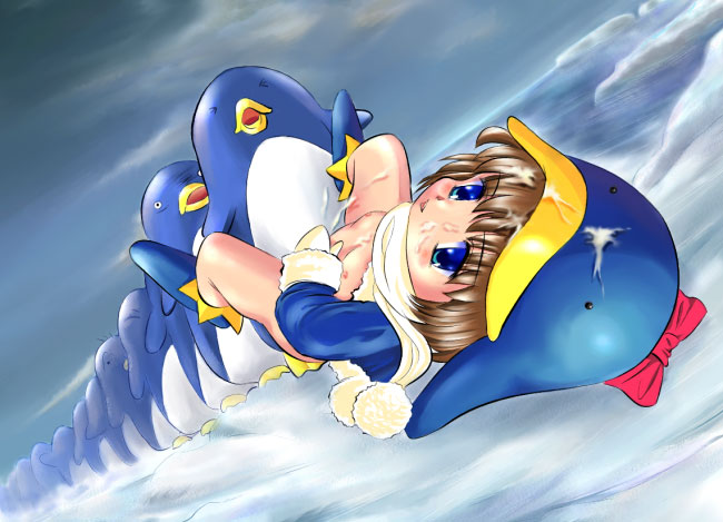 ecoco, ekokuice, 1girl, animal, bestiality, bird, bow, costume, cum, female focus, flat chest, interspecies, lineup, loli, penguin, queue, scarf, sex, snow