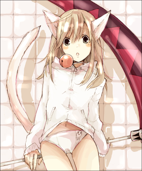maka albarn, soul eater, 00s, bell, blonde hair, blush, cat, green eyes, long hair, panties, surprised, underwear
