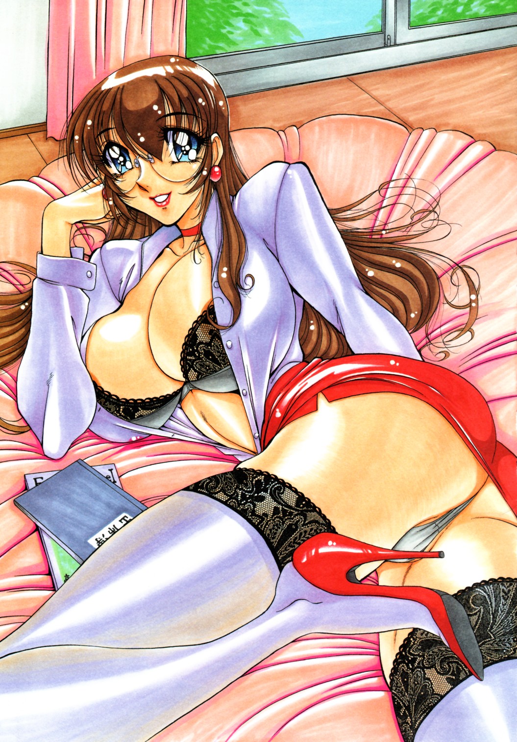 azuki kurenai, sugano erika, nantonaku ii kanji, original, highres, 1girl, ass, blue eyes, bra, breasts, brown hair, curvy, glasses, high heels, huge breasts, large breasts, lips, long hair, looking at viewer, mature female, open clothes, open shirt, shirt, skirt, smile, underwear, very long hair