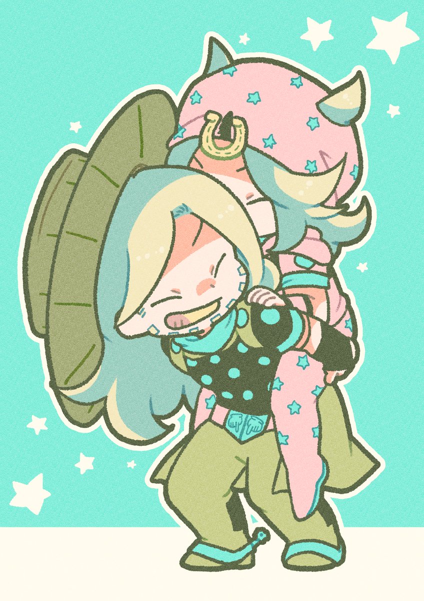 m a a m 8, gyro zeppeli, johnny joestar, jojo no kimyou na bouken, steel ball run, commentary, english commentary, highres, 2boys, aqua sleeves, beanie, beard, belt, belt buckle, black bridal gauntlets, black shirt, black sleeves, bridal gauntlets, brown cape, brown hat, brown pants, buckle, cape, carrying, chibi, chibi only, closed eyes, cowboy hat, facial hair, gold teeth, grey hair, grin, hat, hood, hood down, hoodie, horseshoe hat ornament, horseshoe ornament, long hair, male focus, multiple boys, pants, piggyback, pink belt, pink hat, pink hoodie, pink pants, pink sleeves, shirt, short sleeves, smile, spurs, star (symbol), star print, two-tone sleeves