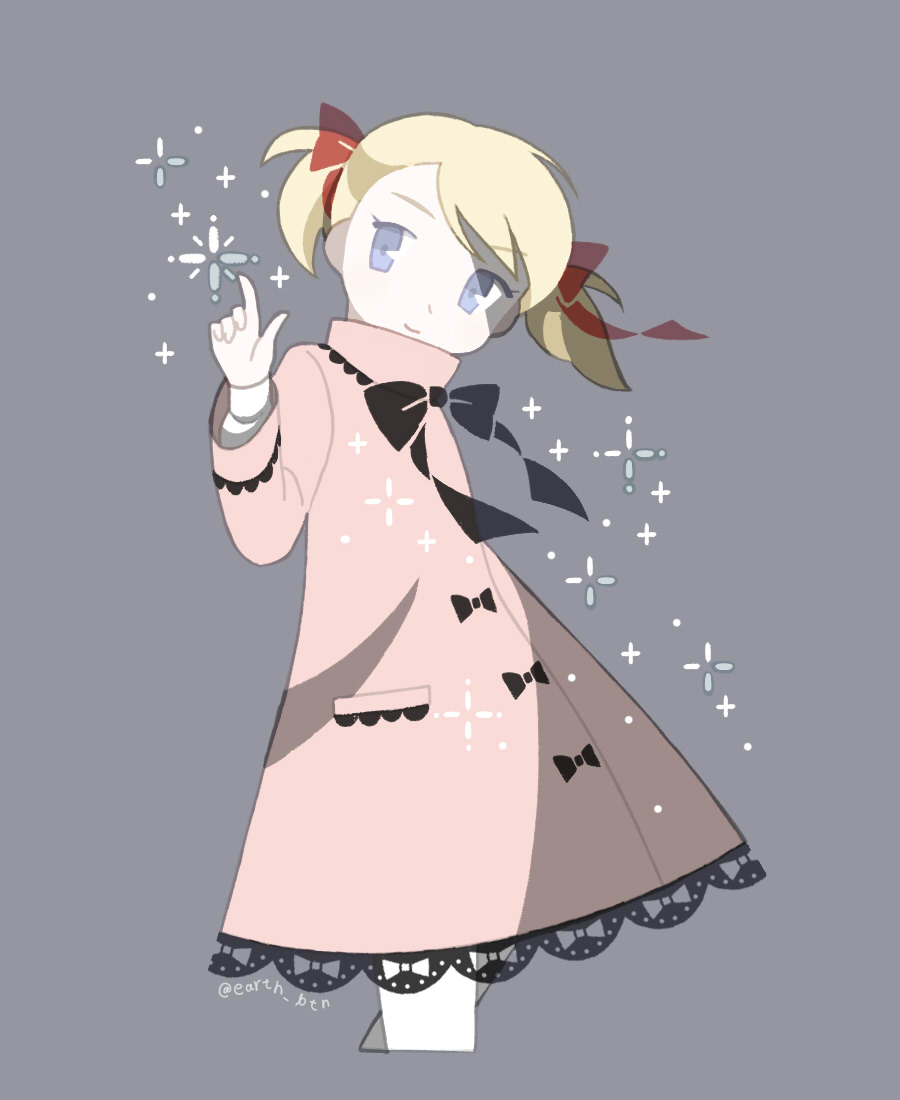 tanba (tanba-art), ana (mother), mother (series), mother 1, nintendo, commentary request, 1girl, black ribbon, blonde hair, blue eyes, casting spell, closed mouth, coat dress, cropped legs, dress, grey background, hair ribbon, index finger raised, pink dress, ribbon, short hair, simple background, smile, solo